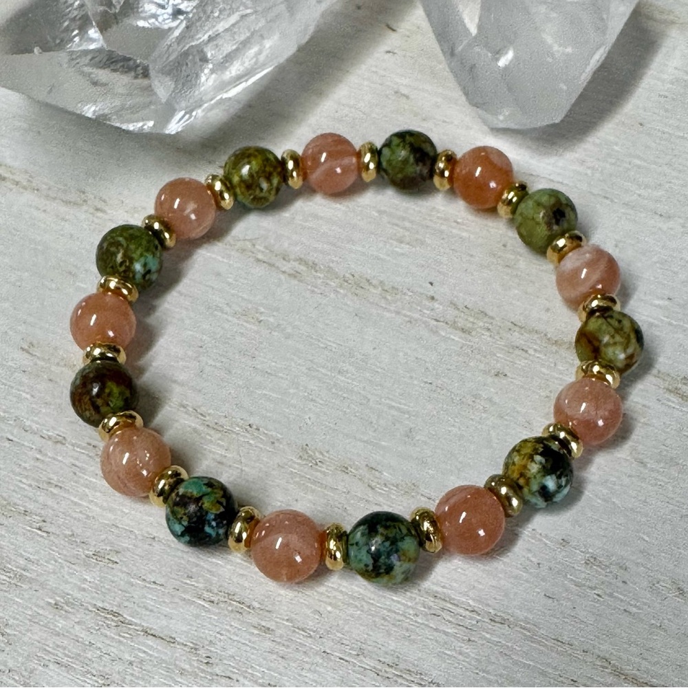 Sunstone & African Turquoise Jasper Gemstone Stretch Bracelet - Picture 3 of 3